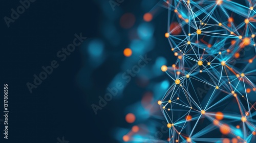 Connecting digital networks abstract representation of data points and scientific interfaces with blue and orange nodes on a dark background