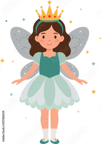A cheerful young girl dressed as a fairy with wings and a crown in a playful, flat design vector illustration
