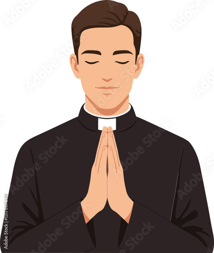 A young priest in a black cassock with clasped hands praying in a serene and reflective manner, showcasing minimal vector illustration style