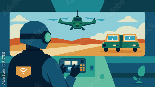Surveillance Setup A SWAT team member operating a drone from inside the armored vehicle with a view of the screen showing aerial images of the surrounding area.