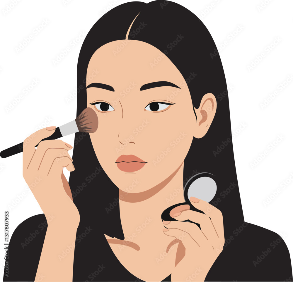 Woman applying makeup with a brush in a minimalistic style showcasing beauty and focus in vector illustration