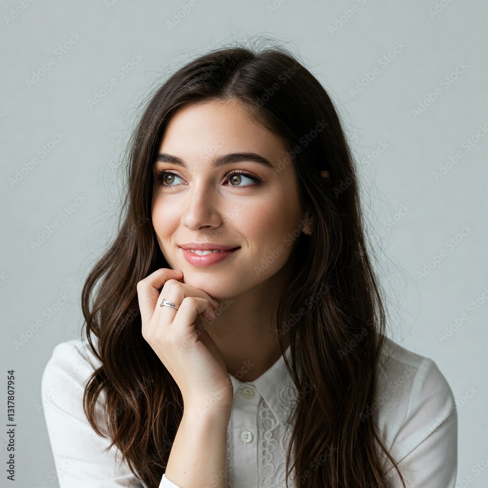 Thoughtful Attractive Girl Smiling and Looking Left Thoughtful Attractive Girl Smiling and Looking Left