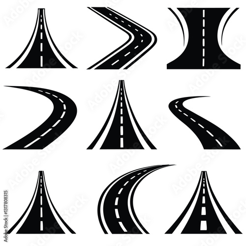 Vector road icons set. Bending road, highway or roadway vector illustration. Collection of winding road design elements with white markings.
