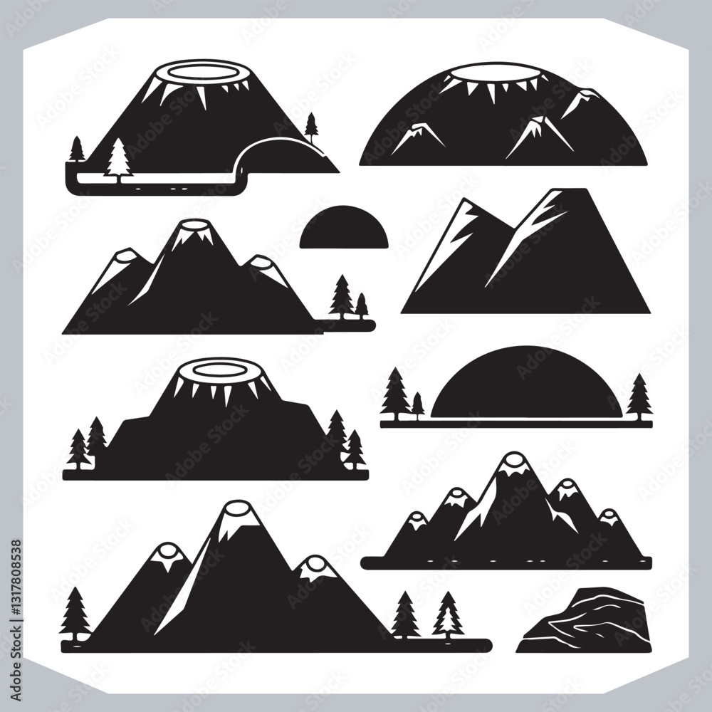 Black and White Mountain Icons Retro Hand Drawn Sketch Collection