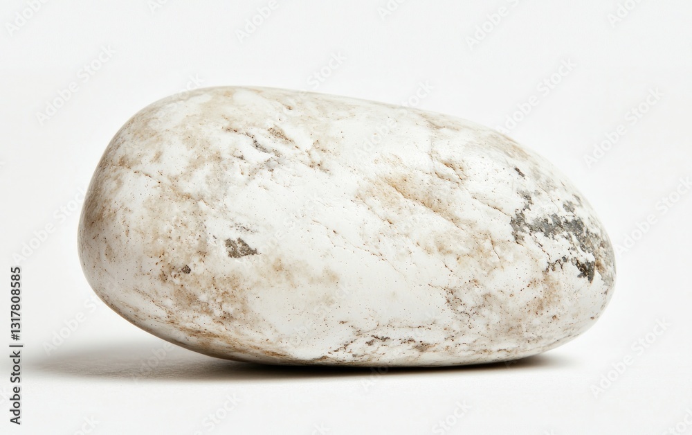 Smooth White Stone with Gray and Brown Markings on White Background