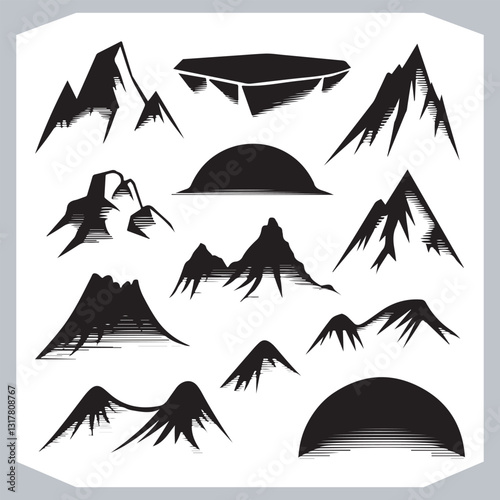 Black and White Mountain Icons Retro Hand Drawn Sketch Collection