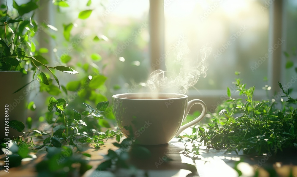 Close-up of a steaming cup of herbal tea, surrounded by fresh herbs and glowing natural light creating a soothing and calming atmosphere . Close-up of a steaming cup of herbal tea, surrounded by fresh herbs and glowing natural light creating a soothing and calming atmosphere .
