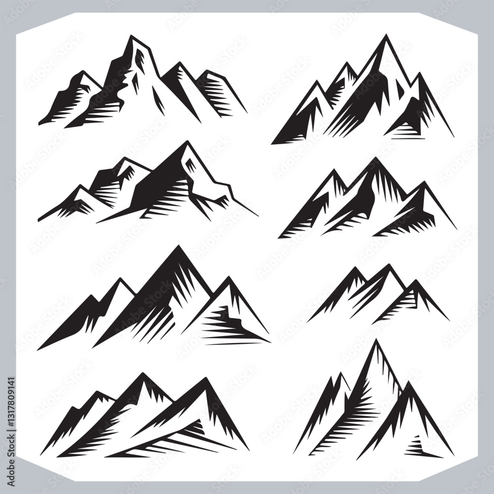 Black and White Mountain Icons Retro Hand Drawn Sketch Collection