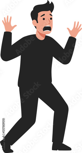 A startled man with raised hands in a black outfit displaying fear and anxiety in a minimal flat design vector illustration