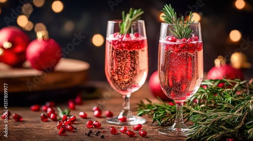 Pomegranate and fruit infused champaign drink mix with rosemary garnish perfect for a Christmas sparkling juice cocktail background.