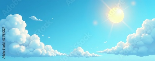 Simple cartoon sun and clouds in clear blue sky, clear, weather, cartoon