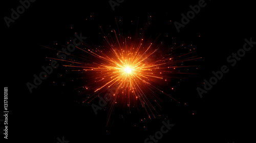 A bright orange light bursts from the center, spreading outward in a starburst pattern against a black background. Cosmic Glow. Illustration