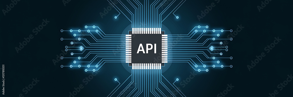 Fototapeta premium API Technology & Digital Connectivity, Blue Circuit Board with API Chip, api web, api interface, api isometric, ai, api cloud, API security, API management, API connectivity, API integration