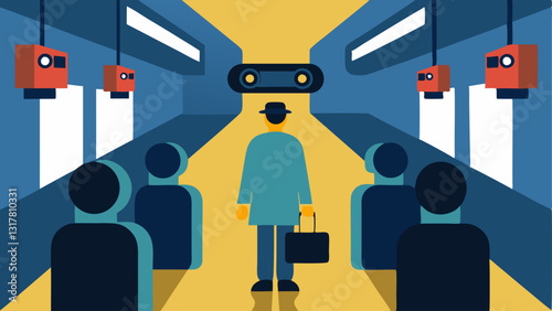 Subway Station Setup A subway station scene where various CCTV cameras monitor commuters zooming in on one individual who appears to be acting out of place.
