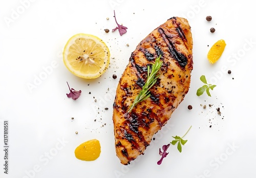 Grilled chicken breast garnished with lemon and herbs on white plate isolated on white background