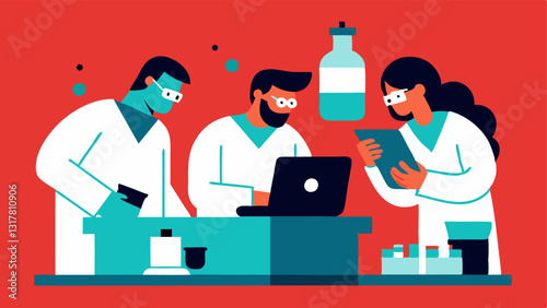 Team Collaboration A group of scientists collaborating at a workstation reviewing samples and discussing findings related to gunshot residue.