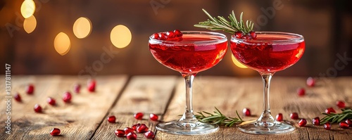 Pomegranate and rosemary infused sparkling champaign juice drink perfect for christmas cocktails featuring fresh fruit background.
