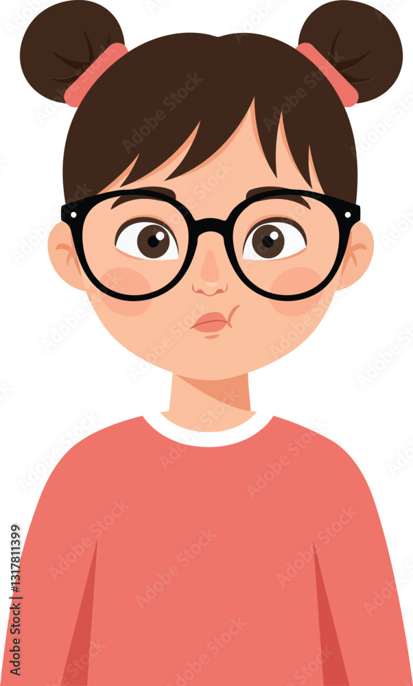 Young girl with pigtails wearing oversized glasses, dressed in a pink sweater, showcasing a curious expression in a flat vector illustration Young girl with pigtails wearing oversized glasses, dressed in a pink sweater, showcasing a curious expression in a flat vector illustration
