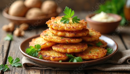 Golden-brown potato pancakes, latkes garnished with parsley on rustic background. Homemade appetizing fried dish of grated potatoes, eggs. Traditional tasty comforting savory food for brunch, photo