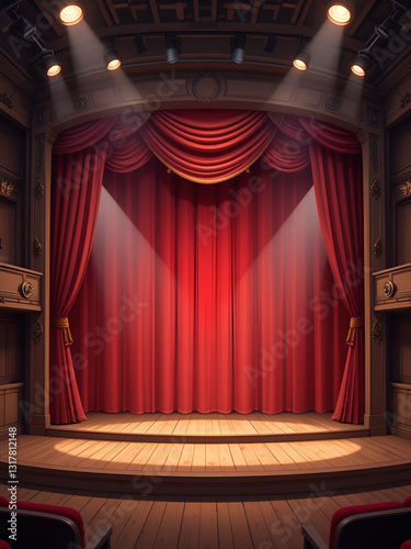 Theater stage cartoon background for game animation with 2d separated layers. Red curtains, decoration and spotlights at theatre interior with wooden scene. Parallax slidescroll Vector illustration