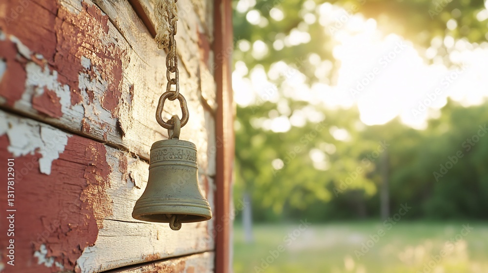 Obraz premium Rustic bell on weathered barn, sunset