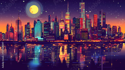 Neon cityscape at night: a futuristic new york. Glimmering Horizon. Illustration