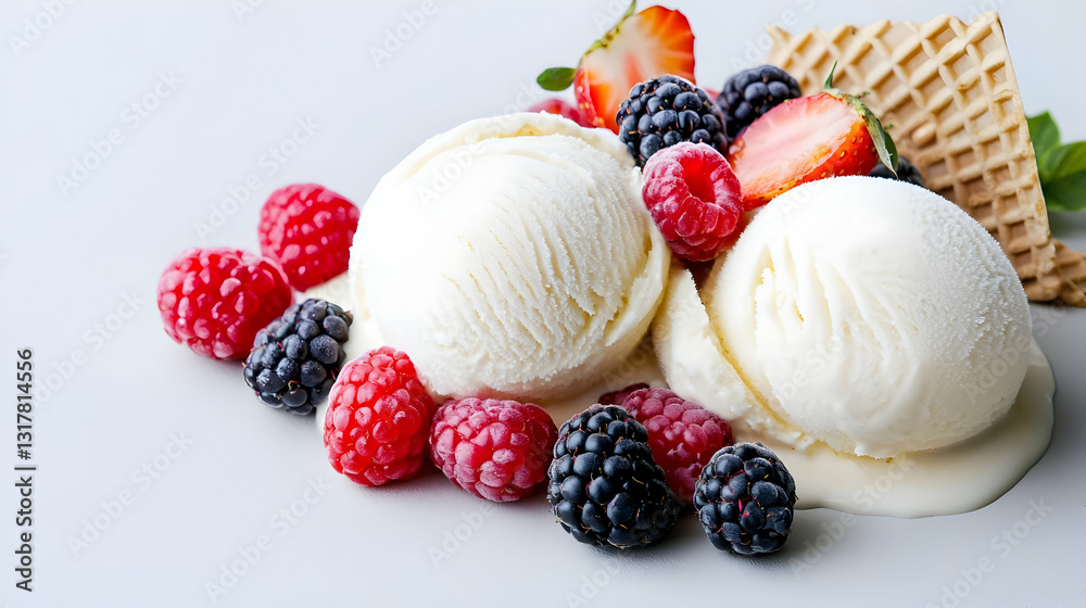 Vanilla Ice Cream Scoops with Assorted Berries and Waffle on White Background Vanilla Ice Cream Scoops with Assorted Berries and Waffle on White Background