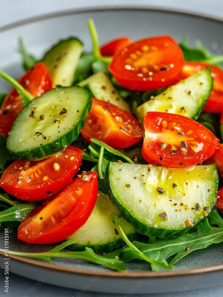 salad of diced cucumbers, diced tomatoes and diced avocado, arugula on a beautifu plate. salad of diced cucumbers, diced tomatoes and diced avocado, arugula on a beautifu plate.