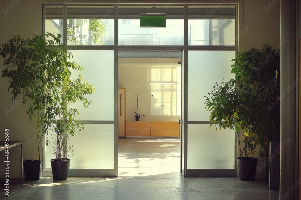 Fototapeta premium Sunny office hallway, plants, open door, interior design, workspace