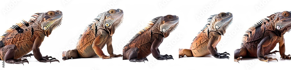 Fototapeta premium A group of thirteen colorful iguanas in different positions, set against a transparent backdrop