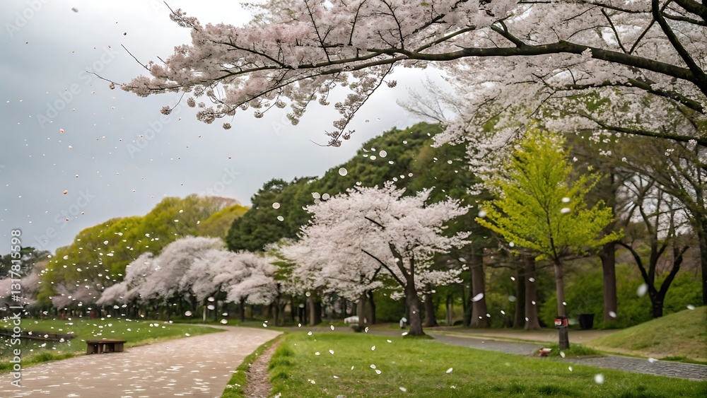 Cherry Blossom Pathway: Serene springtime scene of a pathway lined with cherry blossom trees in full bloom, petals gently falling like snow, creating an idyllic and tranquil atmosphere.