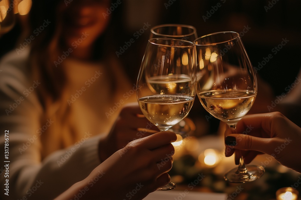 Friends clink glasses of white wine. A festive evening, a celebration, a friendly party, a meeting, fun Friends clink glasses of white wine. A festive evening, a celebration, a friendly party, a meeting, fun