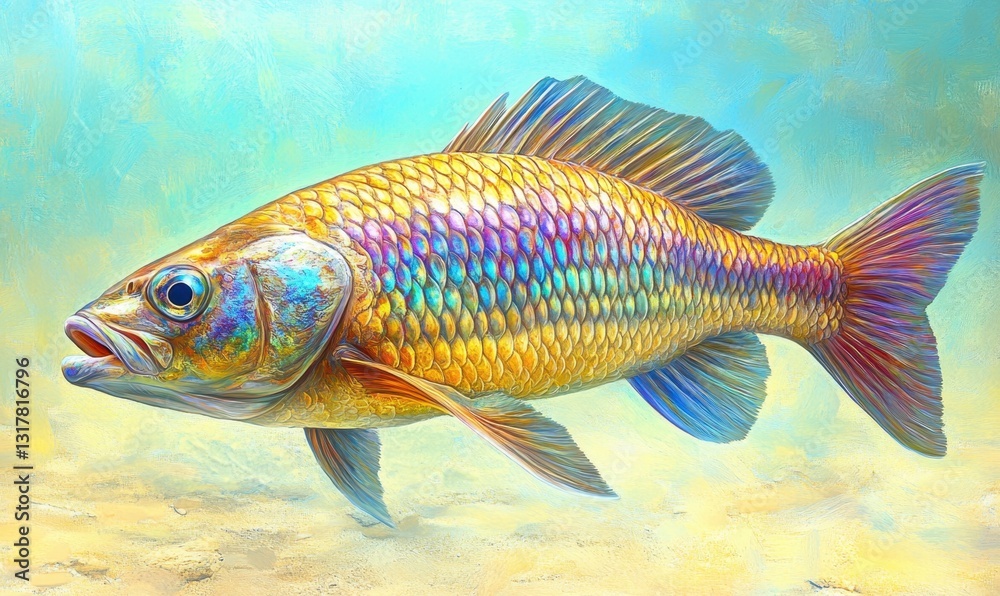 Iridescent fish swims above sandy seabed in clear blue water Iridescent fish swims above sandy seabed in clear blue water