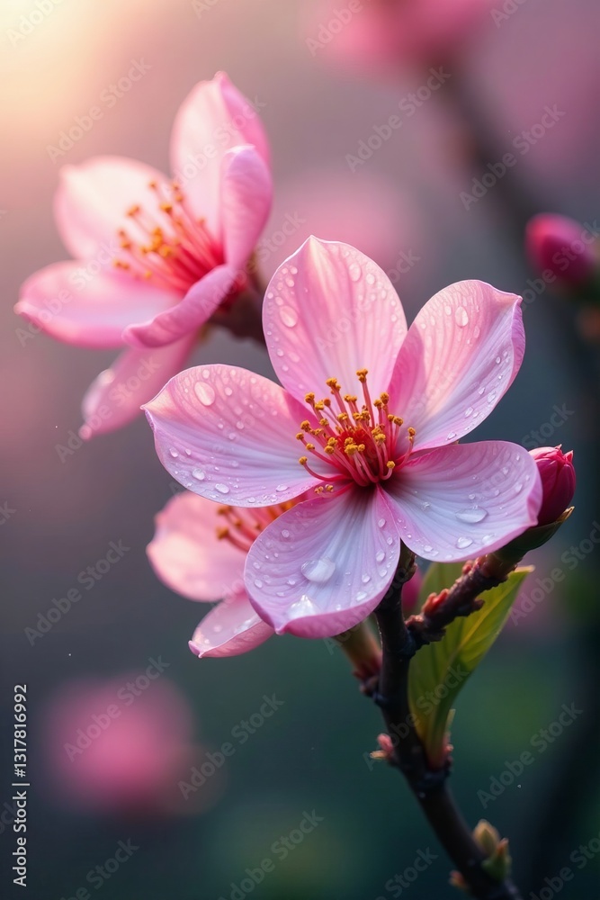 Soft pink blooms with dew drops reflecting the sky, flowers, blossom, seasonal Soft pink blooms with dew drops reflecting the sky, flowers, blossom, seasonal