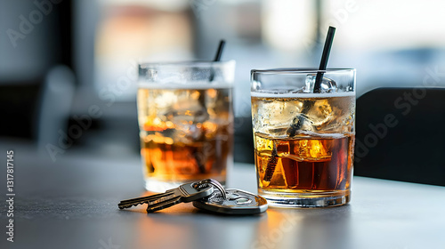 Two Glasses Of Cold Alcoholic Beverages With Ice And Black Straws Next To Car Keys Resting On A Table Emphasizing The Importance Of Responsible