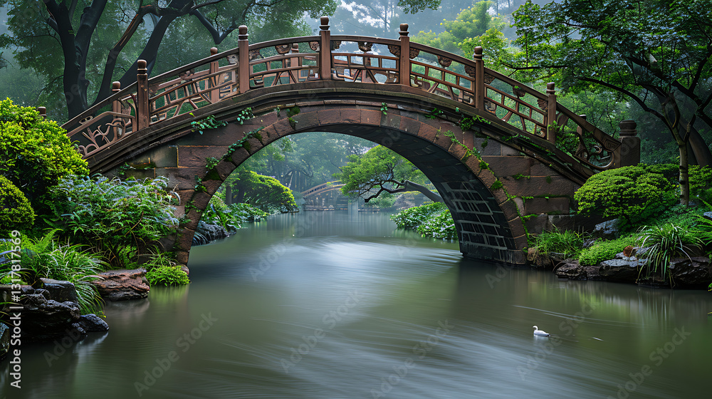 Fototapeta premium Serene stone bridge arching over a misty river, surrounded by lush greenery and tranquil nature