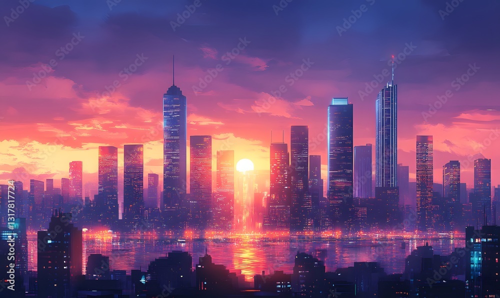 Fototapeta premium Vibrant Cityscape at Dusk: A Captivating Urban Silhouette Painting