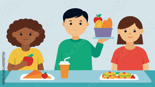 School Lunchroom Children in a school cafeteria with trays piled high with pizza fries and sugary drinks while a small portion of fruits sits ly touched in the corner.