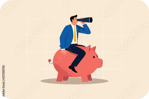 Businessman and business concept businessman sitting over a big piggy bank looking with a telescope