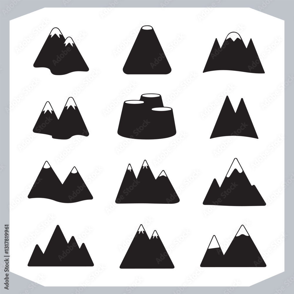 Black and White Mountain Icons Retro Hand Drawn Sketch Collection