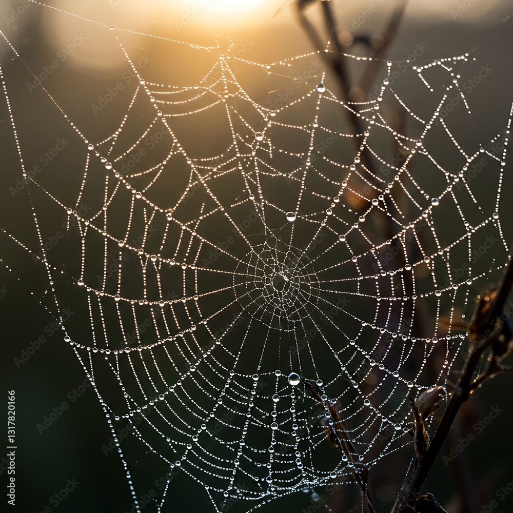 Obraz premium Beautiful Dewdrops on Spiderweb at Sunrise Nature Photography Art Macro Image Water Light Shiny 