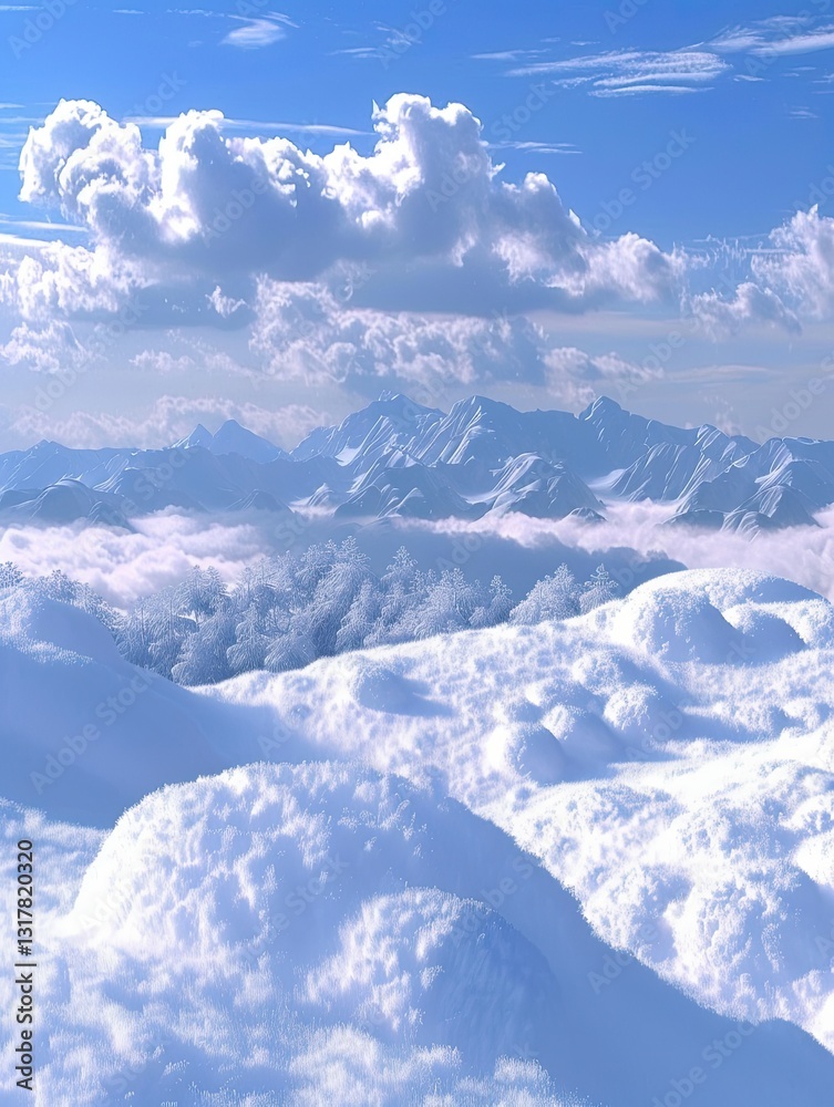 Fototapeta premium The breathtaking mountain valley is blanketed in pure, unspoiled snow, creating a tranquil winter scene