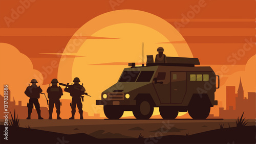 Team Spotlight A silhouette illustration of the armored vehicle with the SWAT team standing beside it guns at the ready against a sunset backdrop symbolizing determination.