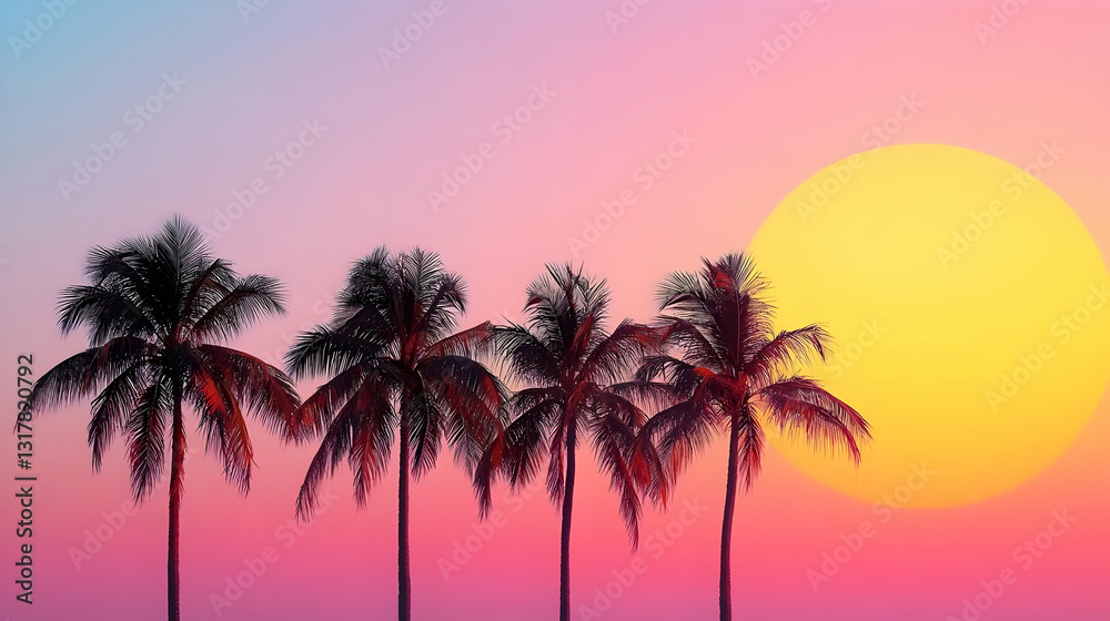 Pixel Art Depiction of Five Palm Trees Silhouetted Against a Vibrant Pink Orange and Yellow Sunset Pixel Art Depiction of Five Palm Trees Silhouetted Against a Vibrant Pink Orange and Yellow Sunset
