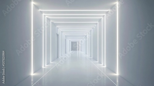 Futuristic White Corridor with Bright LED Lights Illuminating the Path Ahead Modern Architectural Design