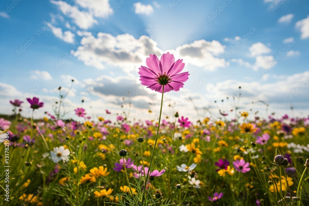 A vibrant field of wildflowers in various colors, with a single pink flower prominently standing against a bright, sunny sky. A vibrant field of wildflowers in various colors, with a single pink flower prominently standing against a bright, sunny sky.