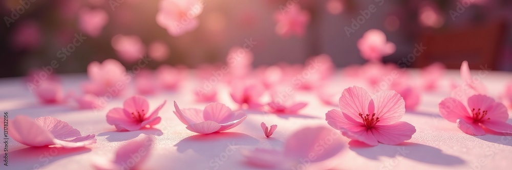 Fototapeta premium Soft sakura petals falling on tablecloth at celebration, elegant, decor, delicate