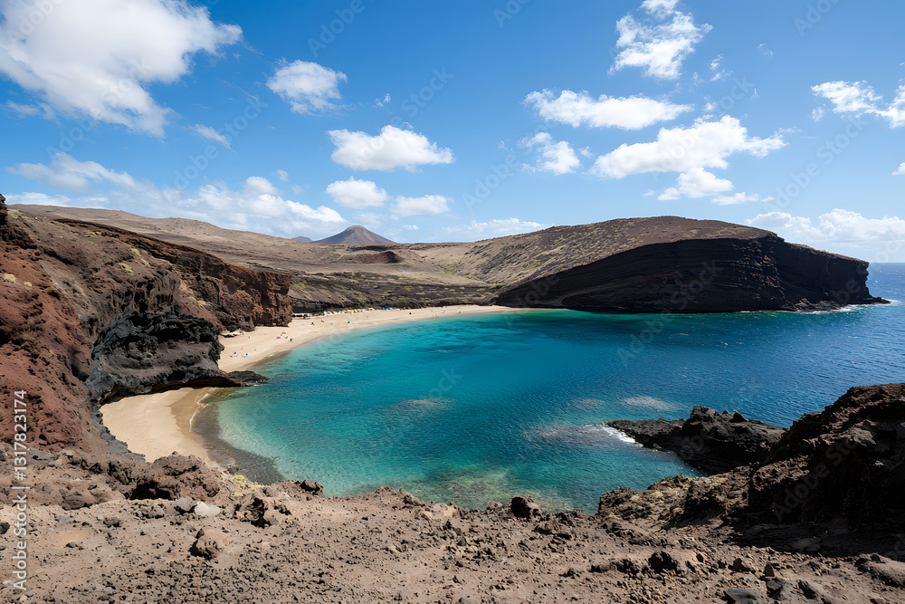Fototapeta premium secluded island paradise featuring dramatic volcanic mountains behind untouched beach and crystal clear lagoon