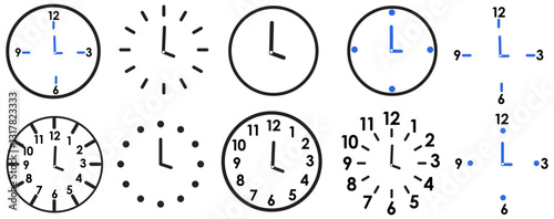 Vector Time and Clock icons set.Clocks icon collection design. Horizontal set of analog clock icon symbol .Circle arrow icon.Vector illustration.