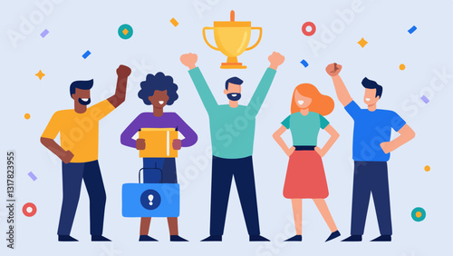 Team Celebration A group of team members celebrating a successful prevention of a cyberattack with confetti and a digital trophy with a lock symbol as they share highfives.